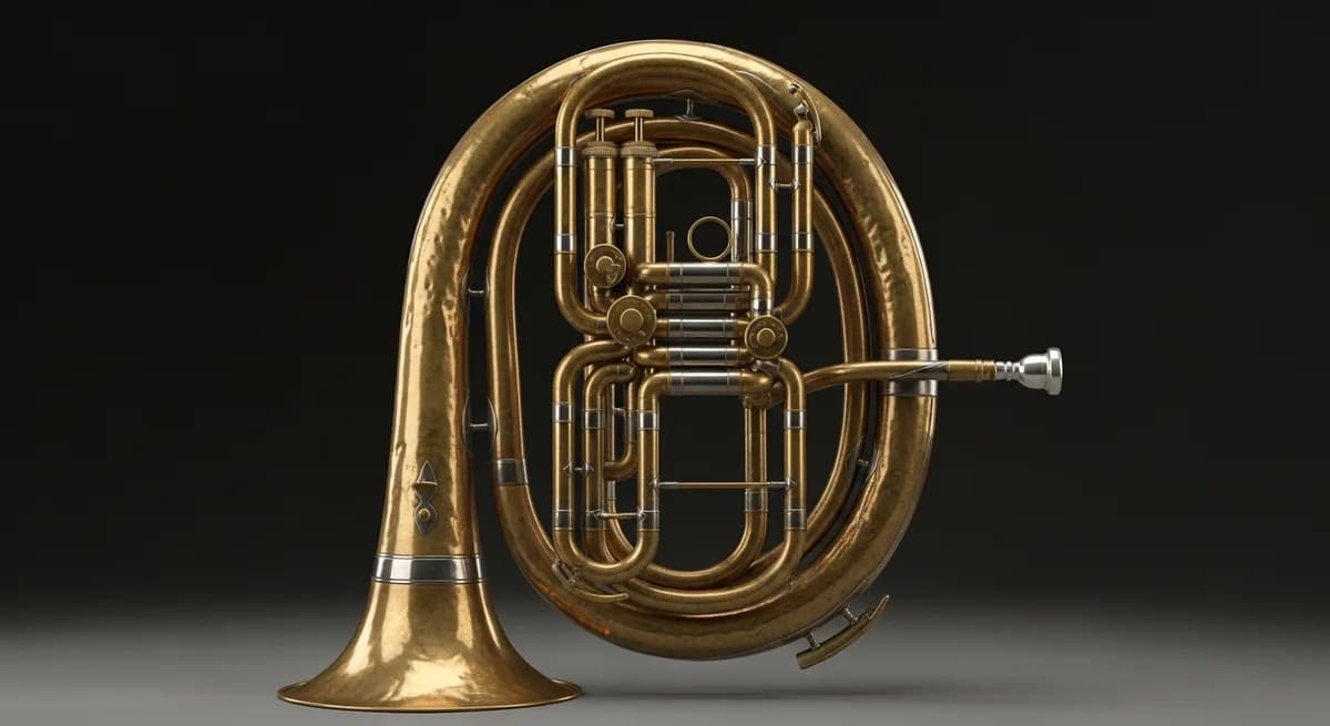 A historical brass bass horn: upright curved wound brass tube. Bild: KI generiert.
