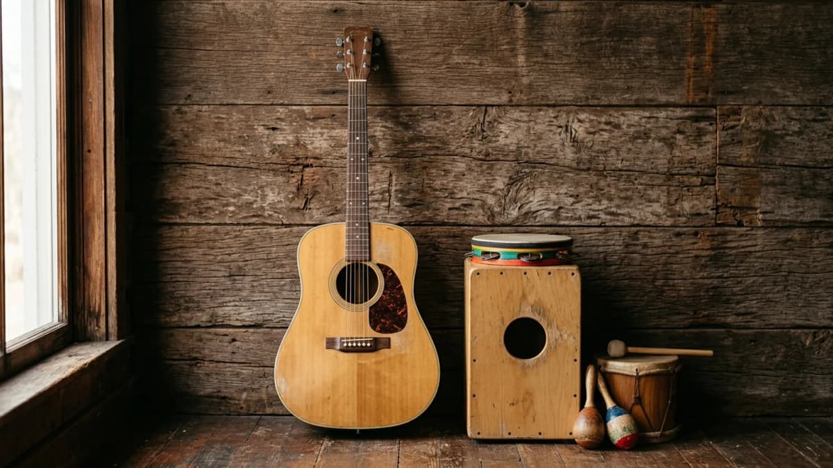 Eine Akustikgitarre und Perkussion vor einer Holzwand. Bild: KI generiert.