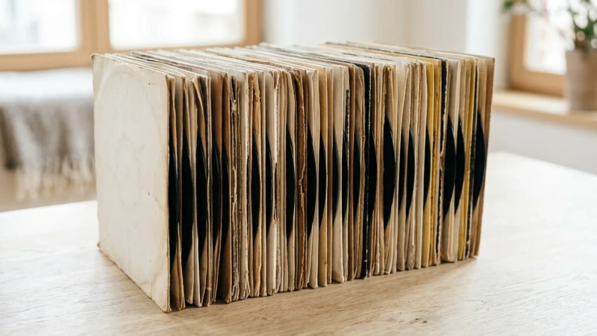 Ein Stapel Schallplatten auf hellem Untergrund. Bild: KI generiert.