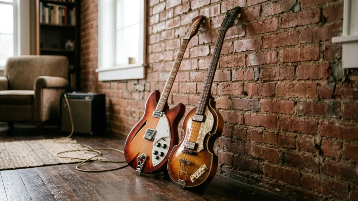 Eine E-Gitarre und ein Violinbass an einer Backsteinwand. Bild: KI generiert.