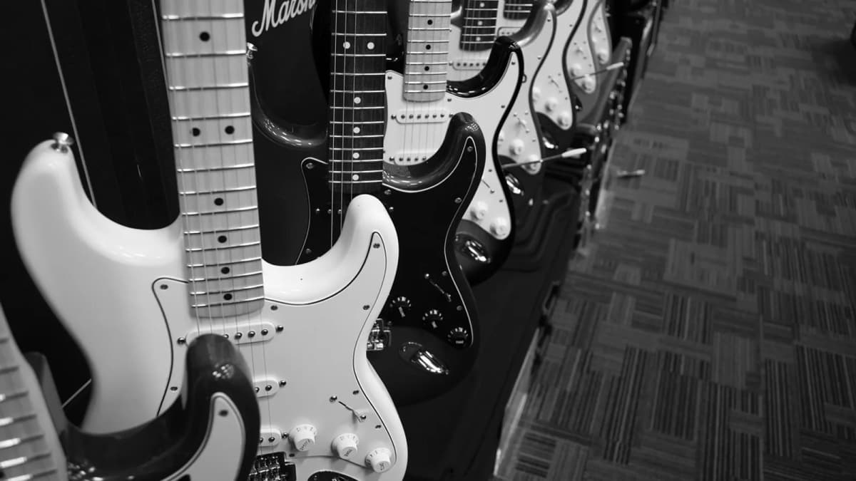 Der Korpus und Hals einer weißen E-Gitarre in Schwarz-Weiß-Optik. Foto: Ralf1403 / Pixabay.
