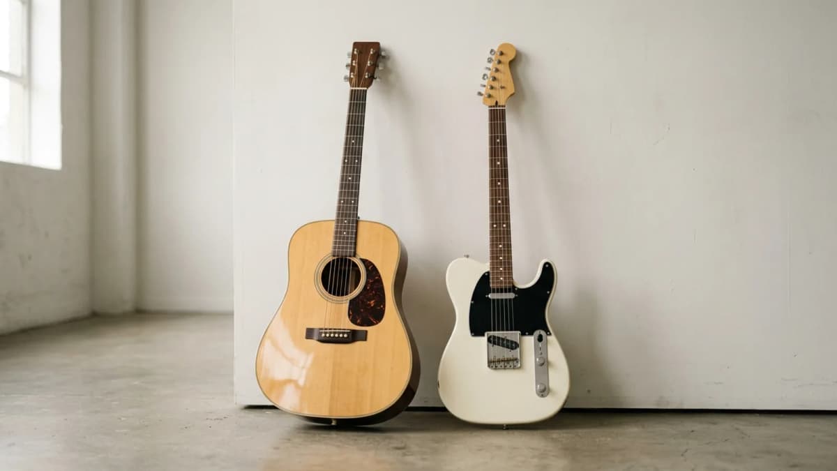 Eine Akustikgitarre und eine E-Gitarre lehnen nebeneinander an einer hellen Wand. Bild: KI generiert.
