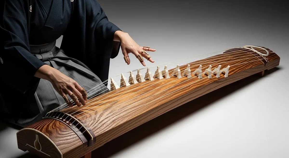 A Japanese koto: long paulownia-wood board about 180cm. Bild: KI generiert.