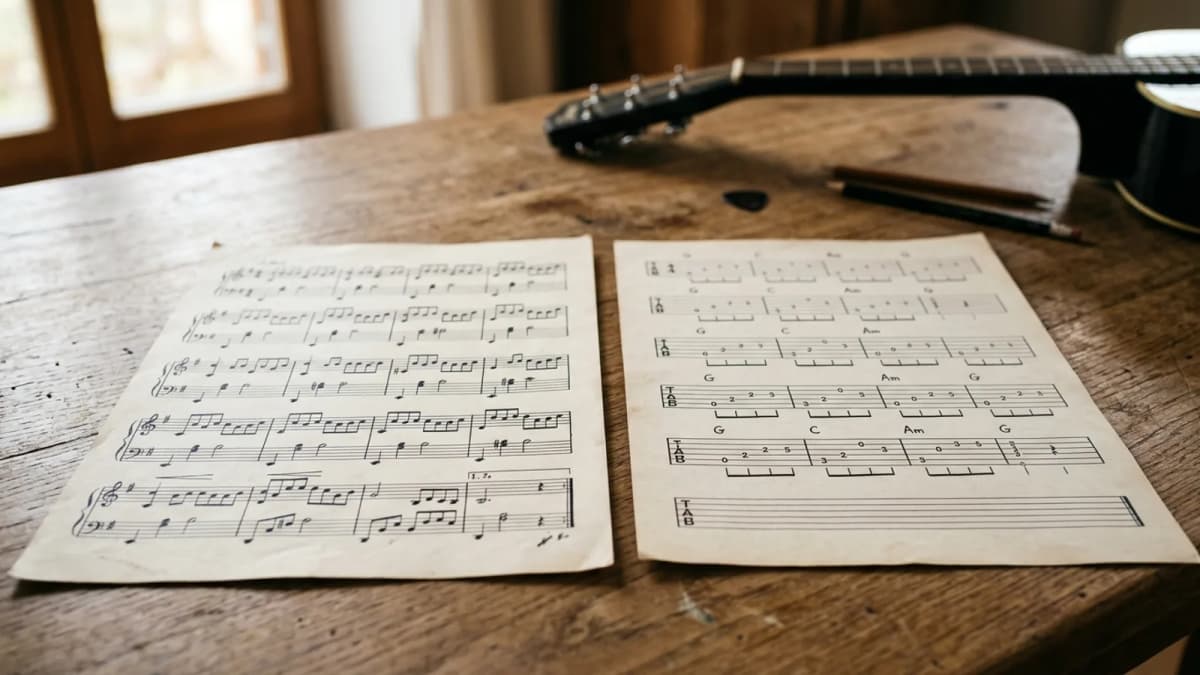 Ein Notenblatt und ein Tabulaturblatt nebeneinander. Bild: KI generiert.