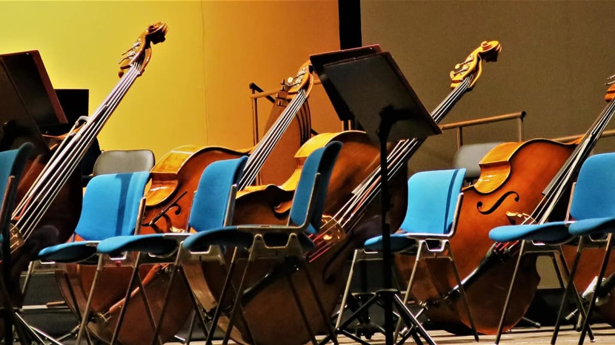 Kontrabässe und Violoncelli lehnen an Stuhlreihen auf einer leeren Bühne. Foto: RoAll / Pixabay.