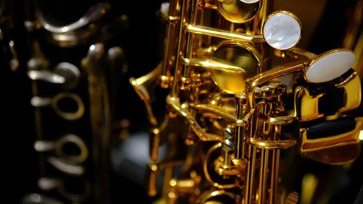 Nahaufnahme der goldenen Klappen eines Saxophons mit Perlmutt-Griffplatten. Foto: oovstudio / Pixabay.