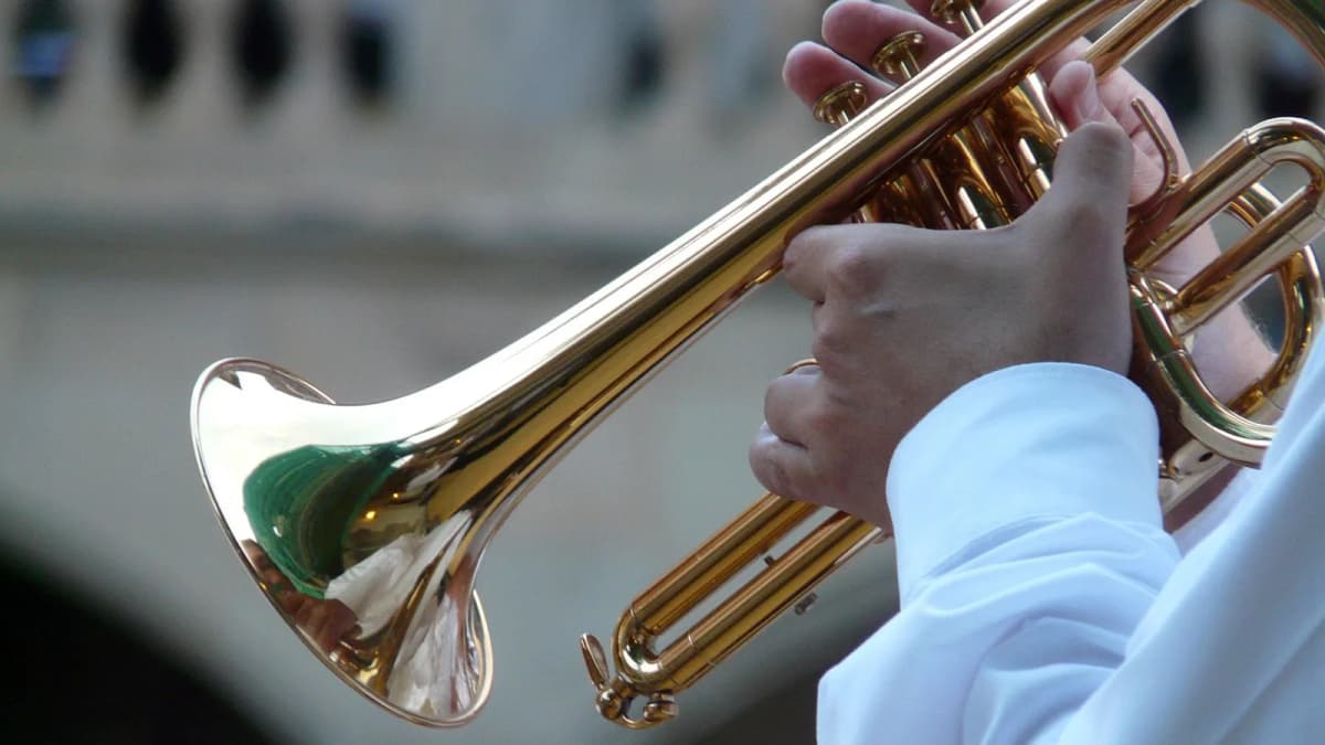 Ein Trompeter mit weißem Ärmel spielt sein Instrument, Ventile und Schallbecher im Blick. Foto: Hans / Pixabay.