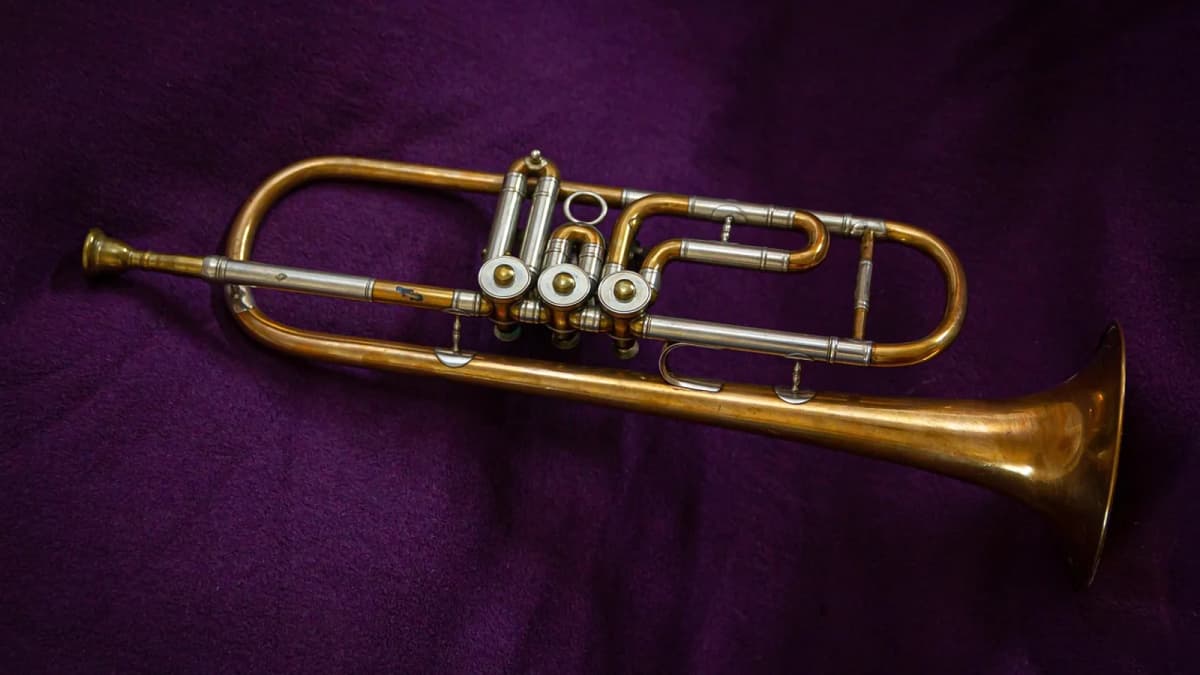 Eine Trompete mit drei Pumpventilen auf dunklem Tuch. Foto: maxmann / Pixabay.
