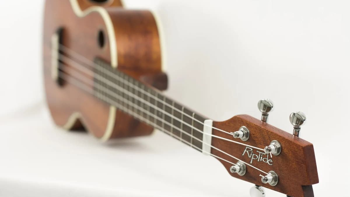 Eine Ukulele aus hellem Holz in Seitenansicht mit Kopfplatte und Wirbeln. Foto: mark_az / Pixabay.