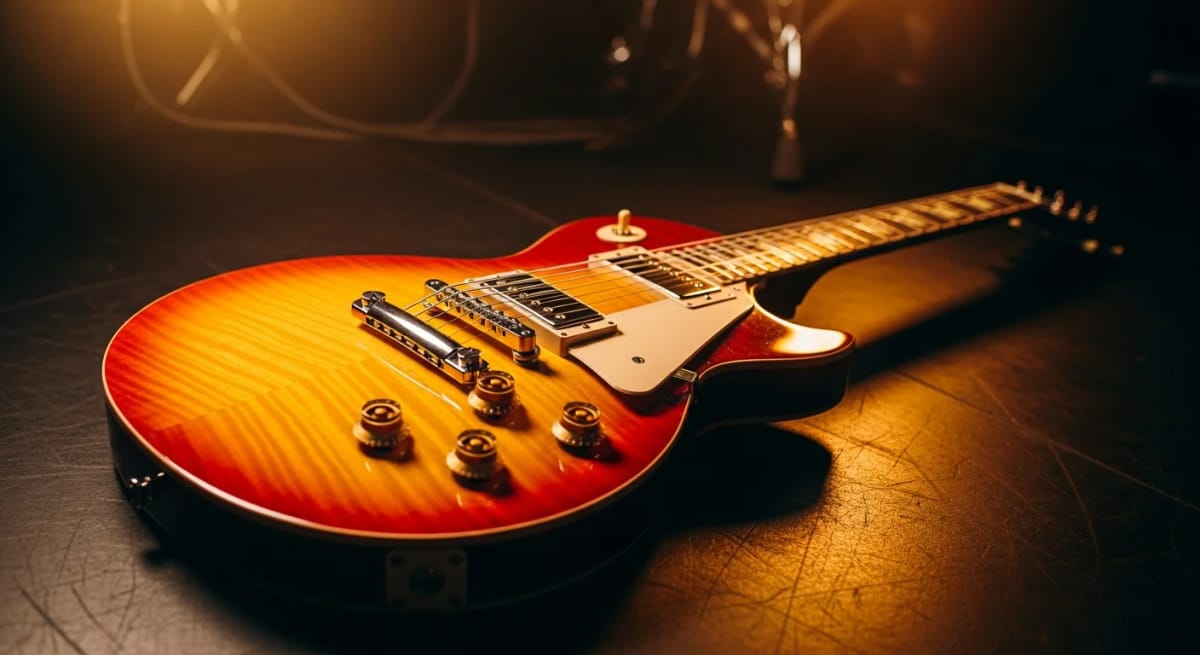 Eine E-Gitarre auf der Bühne – das Symbol schlechthin für die ungebändigte Energie des Rock. Bild: KI generiert.